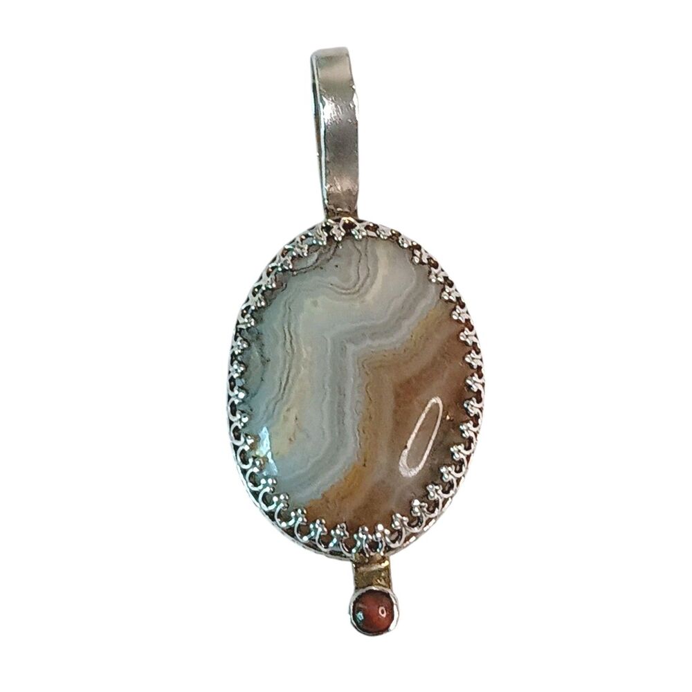 Vintage Agate Sterling Silver Pendant Natural Gemstone Brown Orange White Gray